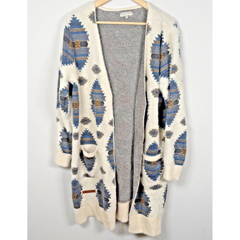 Simply Southern Aztec Cardigan Sweater XL NWOT Fuzzy Blue Boho Southwestern Cozy